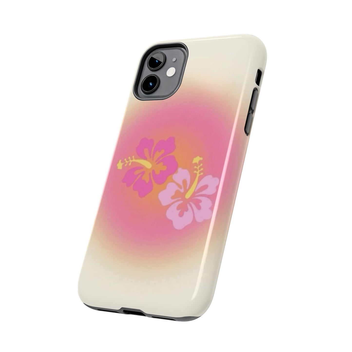 Pink Tropical Phone Case, Hawaiian, Hibiscus, Pink, Orange, Aura, Aesthetic, Clean Girl, Preppy, Beach, Los Angeles, Miami, Glossy Phone Case