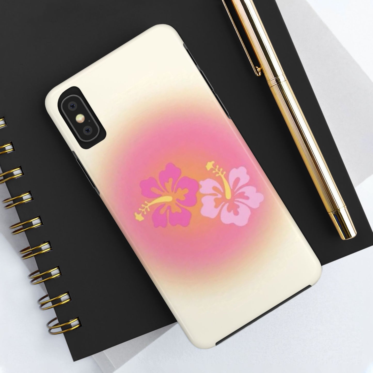 Pink Tropical Phone Case, Hawaiian, Hibiscus, Pink, Orange, Aura, Aesthetic, Clean Girl, Preppy, Beach, Los Angeles, Miami, Glossy Phone Case