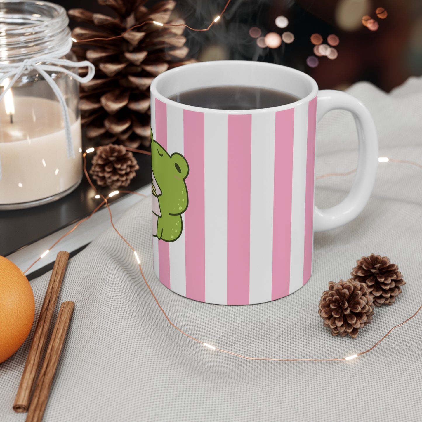 Kawaii Frog Mug with Pink Stripes