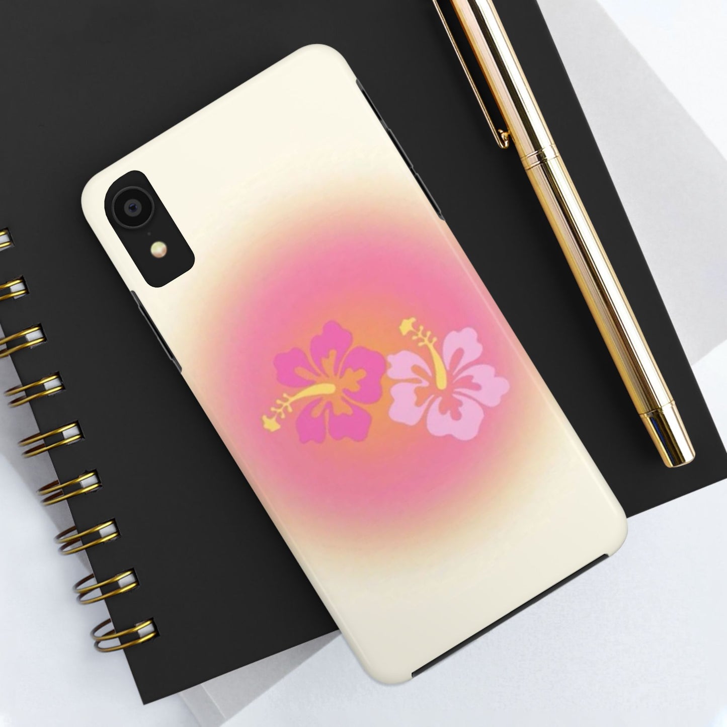 Pink Tropical Phone Case, Hawaiian, Hibiscus, Pink, Orange, Aura, Aesthetic, Clean Girl, Preppy, Beach, Los Angeles, Miami, Glossy Phone Case