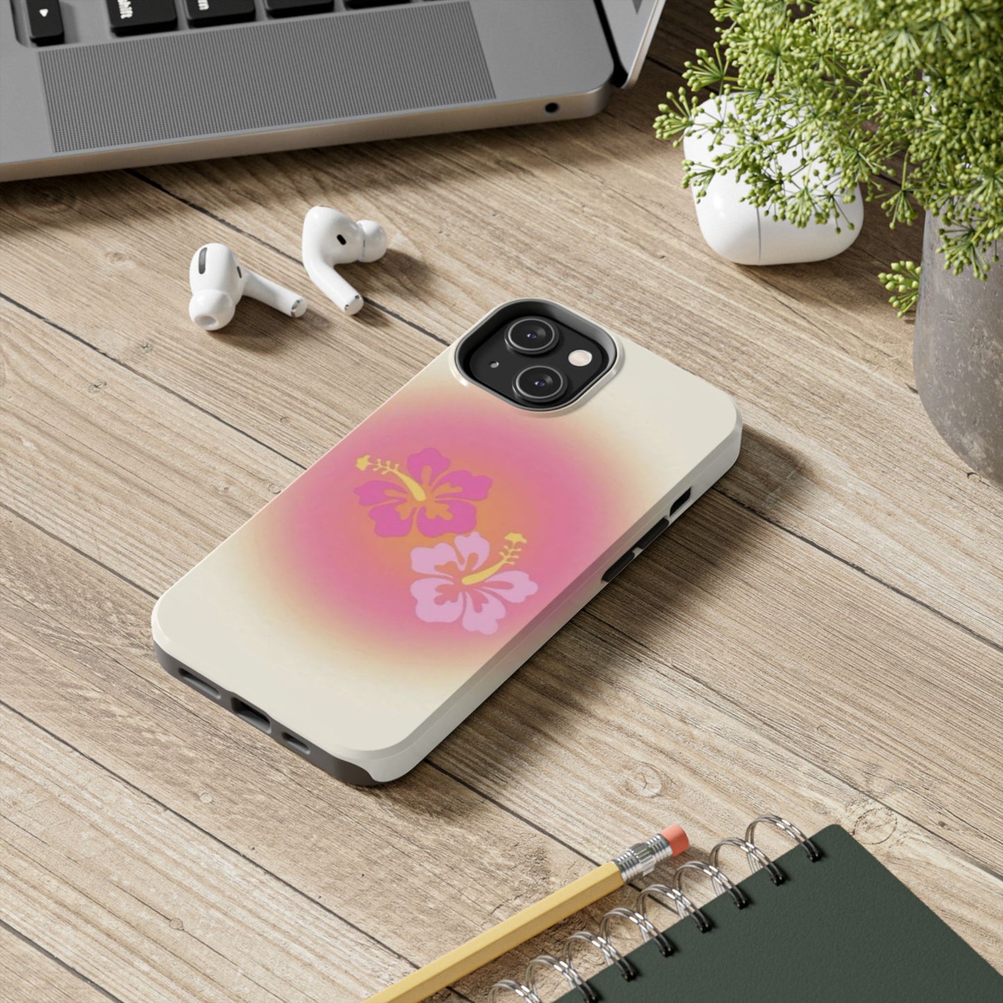 Pink Tropical Phone Case, Hawaiian, Hibiscus, Pink, Orange, Aura, Aesthetic, Clean Girl, Preppy, Beach, Los Angeles, Miami, Glossy Phone Case