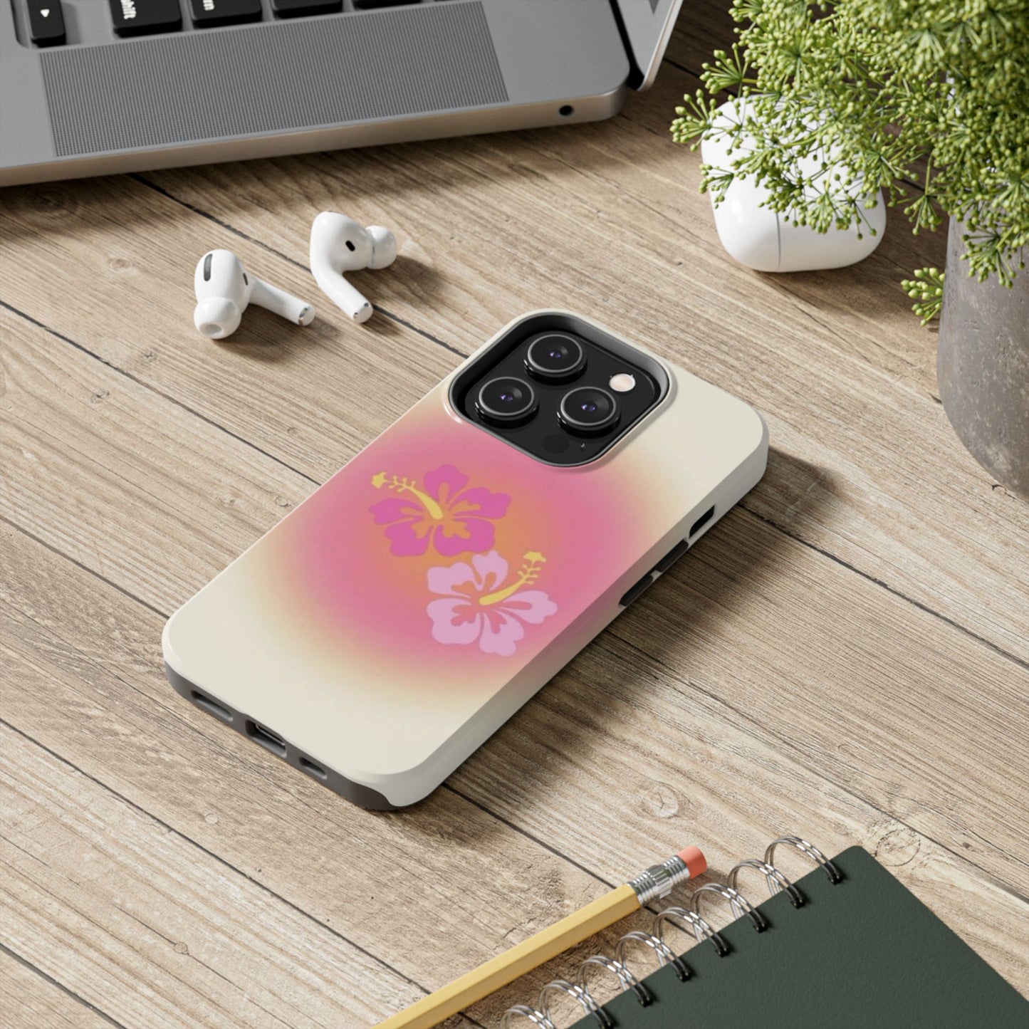 Pink Tropical Phone Case, Hawaiian, Hibiscus, Pink, Orange, Aura, Aesthetic, Clean Girl, Preppy, Beach, Los Angeles, Miami, Glossy Phone Case