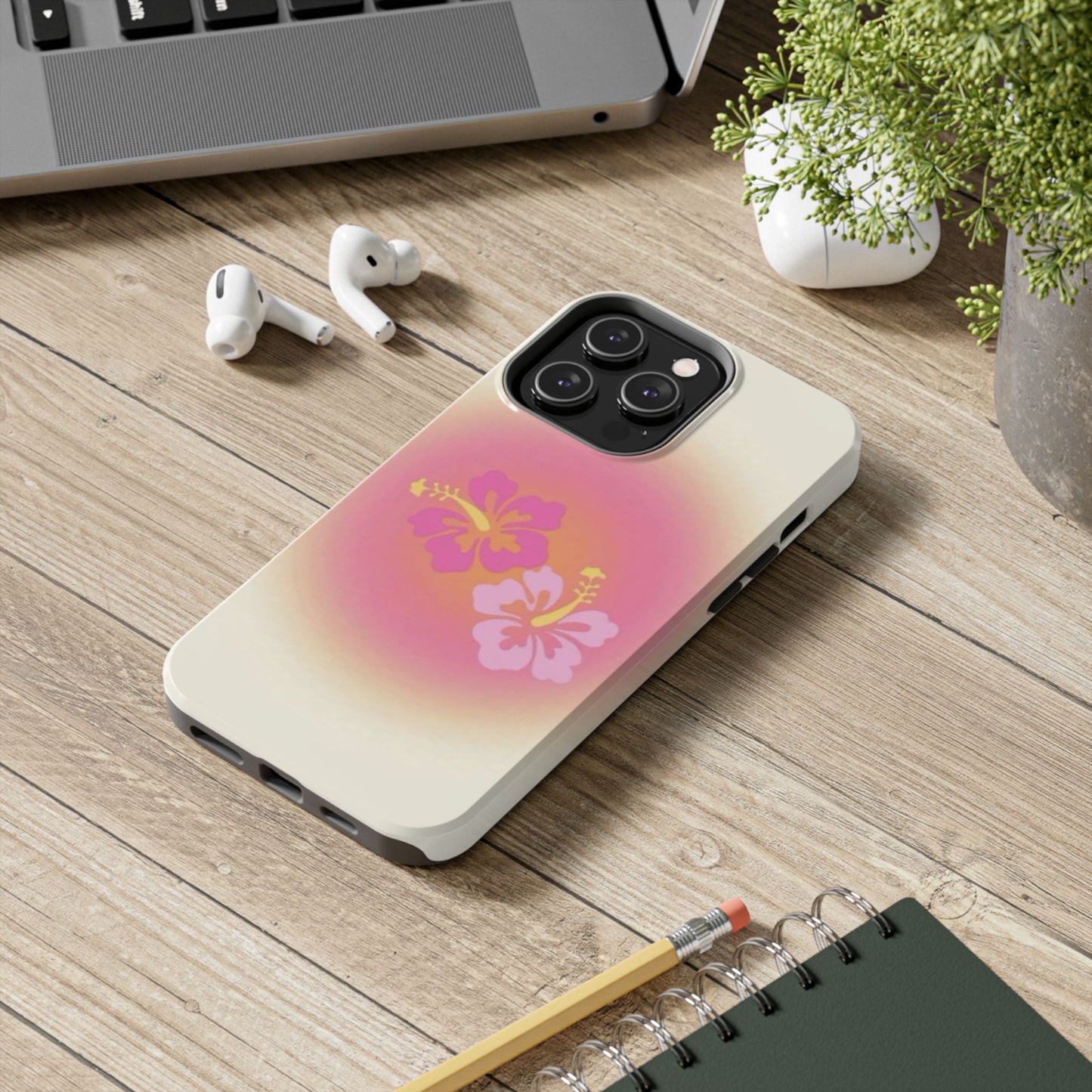 Pink Tropical Phone Case, Hawaiian, Hibiscus, Pink, Orange, Aura, Aesthetic, Clean Girl, Preppy, Beach, Los Angeles, Miami, Glossy Phone Case