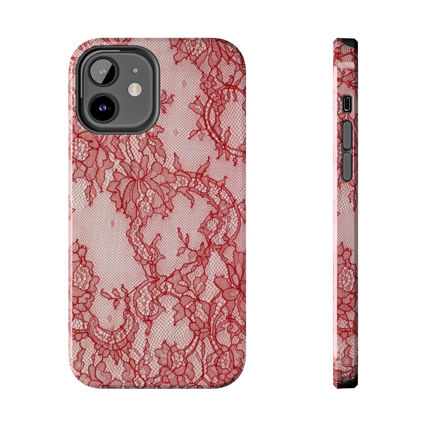 Red Lace Print Phone Case, Cool Girl Aesthetic, Glossy Phone Case, Faux Lace, Red Lace
