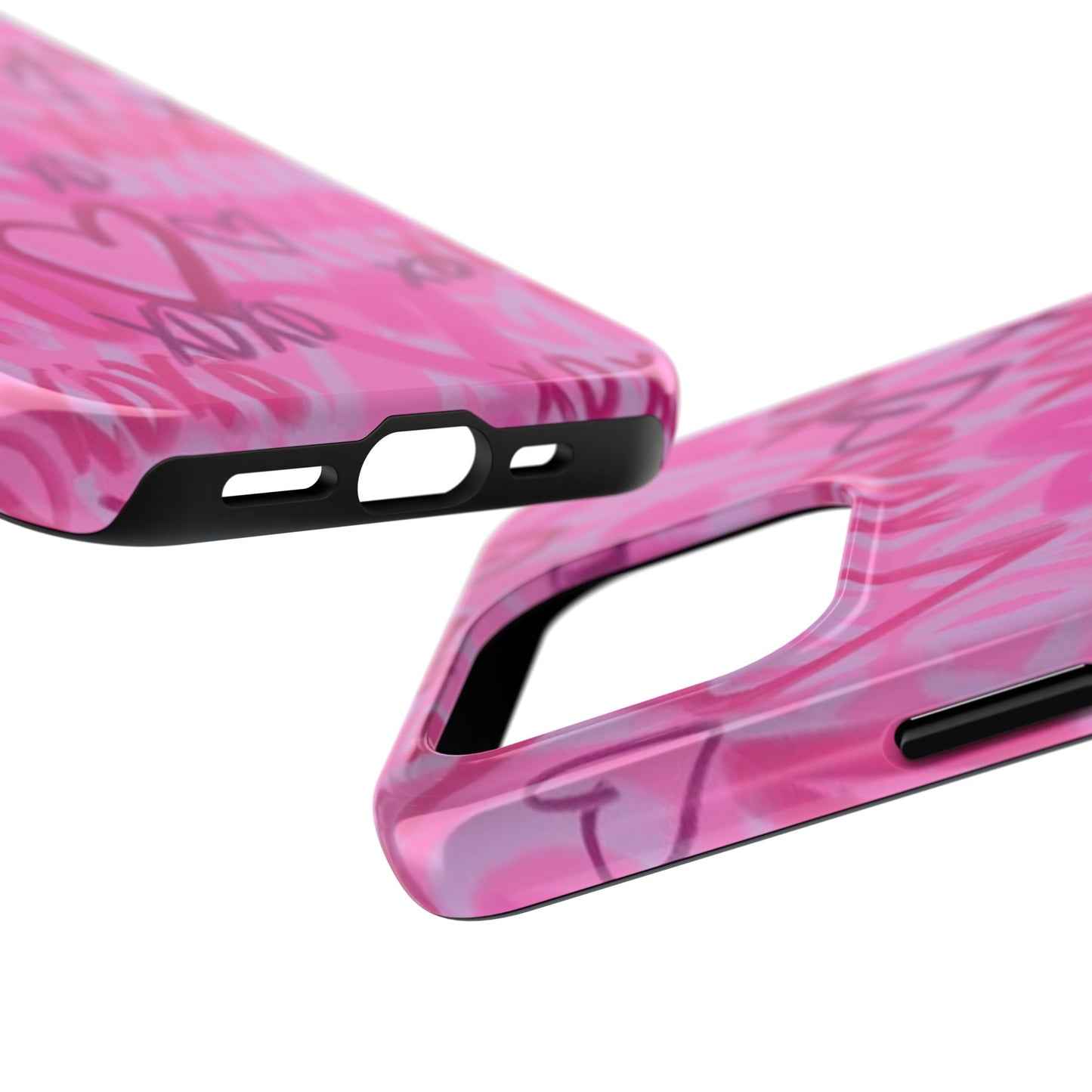 Glossy Phone Case, Graffiti, Spray Paint Hearts, Pink, Cute, Protective