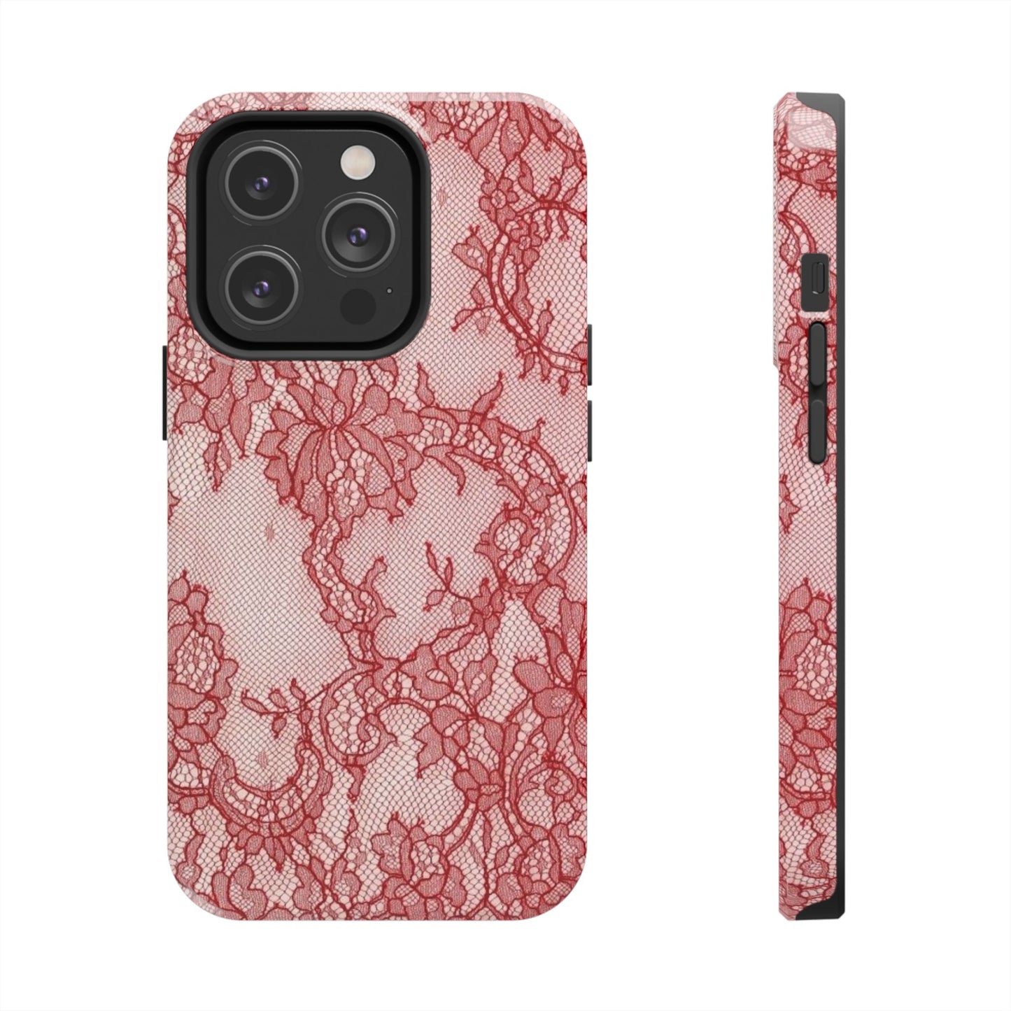 Red Lace Print Phone Case, Cool Girl Aesthetic, Glossy Phone Case, Faux Lace, Red Lace