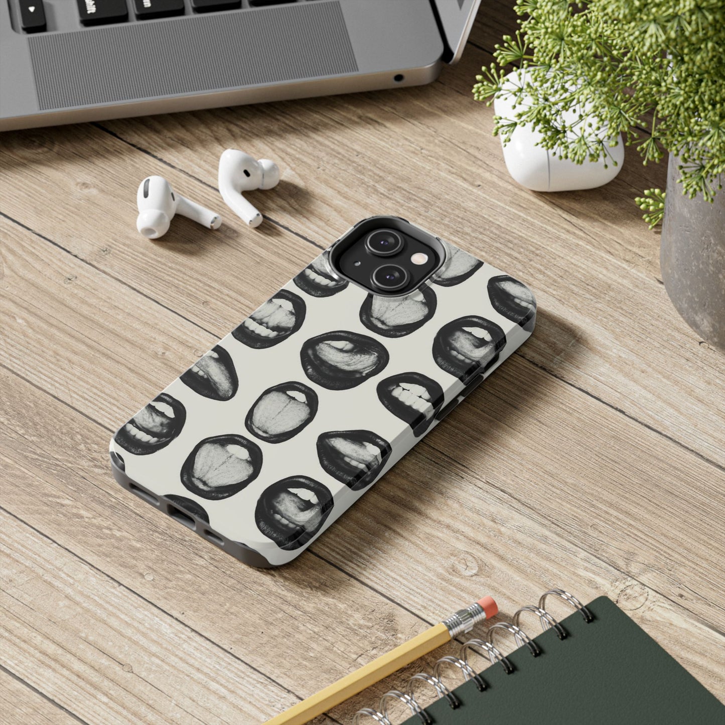 Grunge Phone Case, Black and White Abstract Mouth Trendy Cool Girl Aesthetic Glossy Phone Case