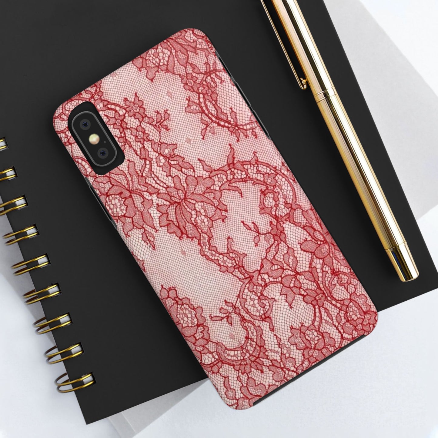 Red Lace Print Phone Case, Cool Girl Aesthetic, Glossy Phone Case, Faux Lace, Red Lace