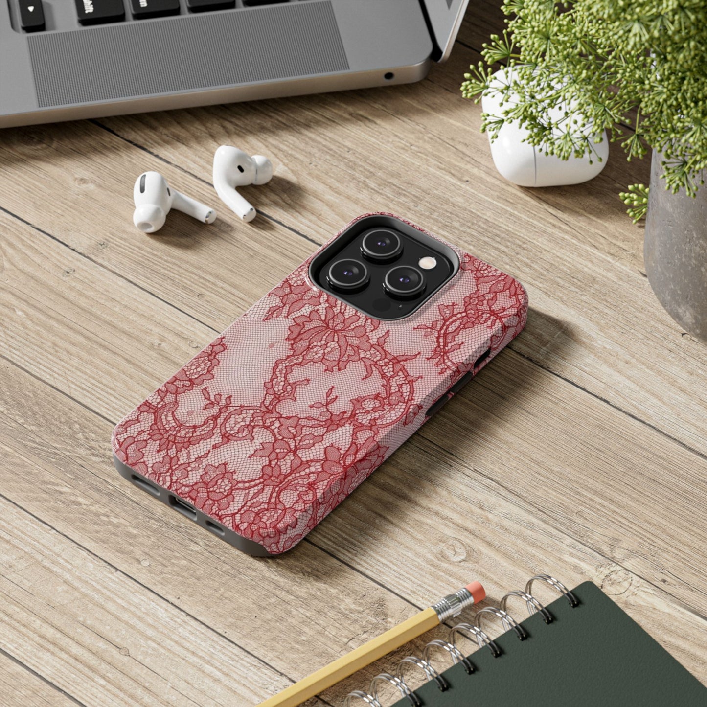 Red Lace Print Phone Case, Cool Girl Aesthetic, Glossy Phone Case, Faux Lace, Red Lace