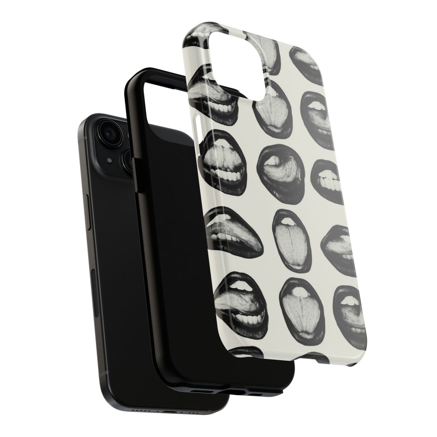 Grunge Phone Case, Black and White Abstract Mouth Trendy Cool Girl Aesthetic Glossy Phone Case