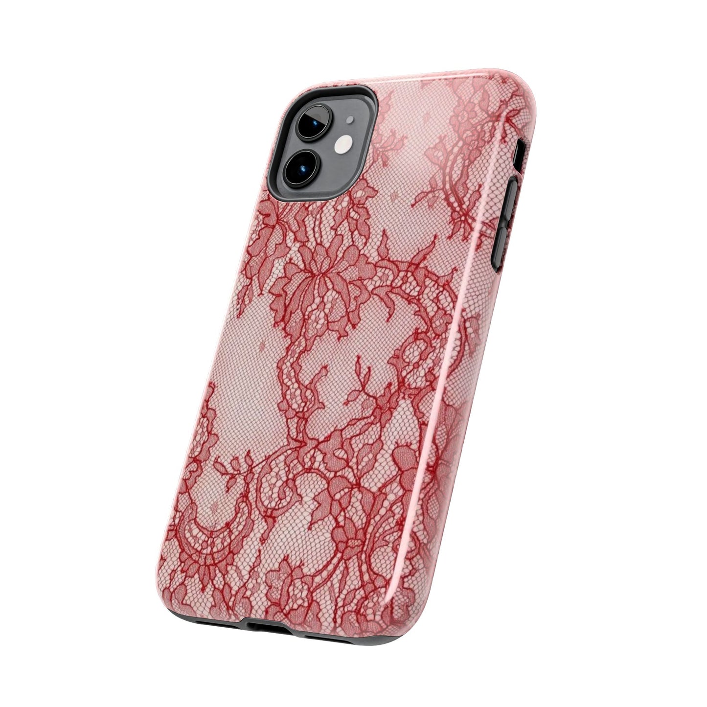 Red Lace Print Phone Case, Cool Girl Aesthetic, Glossy Phone Case, Faux Lace, Red Lace