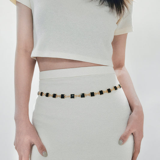 Women's Waist Chain With Dress Waist Waist Decoration Thin Waist Chain Two-color Black And White Checkerboard Elegant Metal Accessories