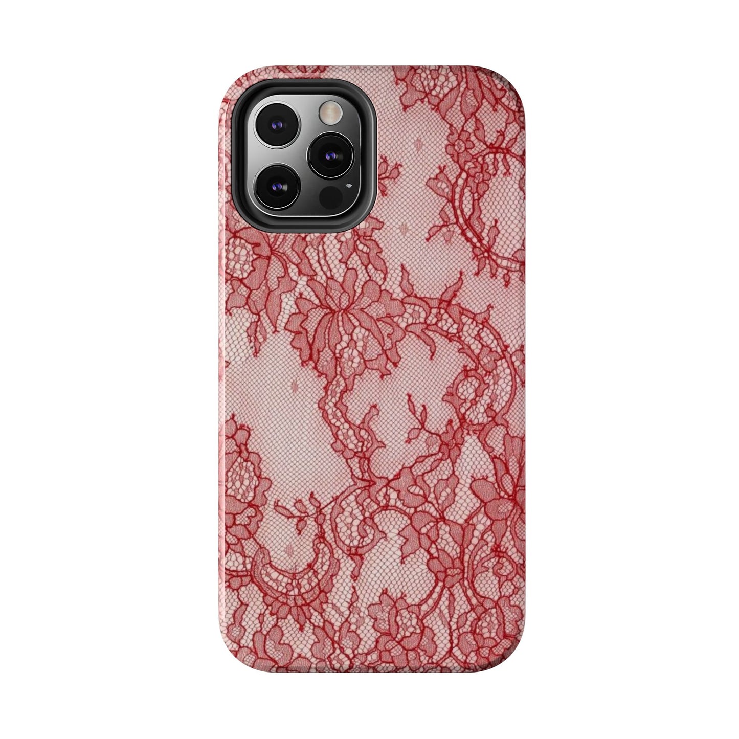 Red Lace Print Phone Case, Cool Girl Aesthetic, Glossy Phone Case, Faux Lace, Red Lace