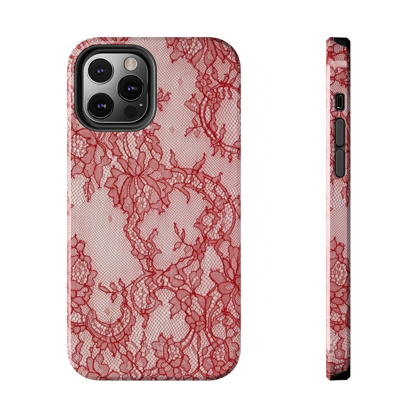 Red Lace Print Phone Case, Cool Girl Aesthetic, Glossy Phone Case, Faux Lace, Red Lace