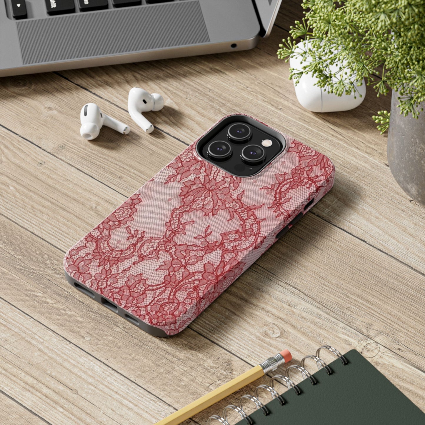 Red Lace Print Phone Case, Cool Girl Aesthetic, Glossy Phone Case, Faux Lace, Red Lace