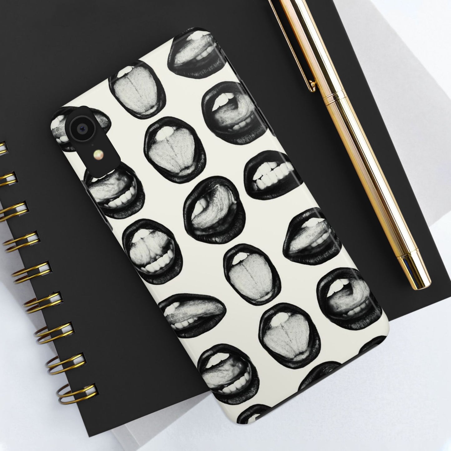 Grunge Phone Case, Black and White Abstract Mouth Trendy Cool Girl Aesthetic Glossy Phone Case