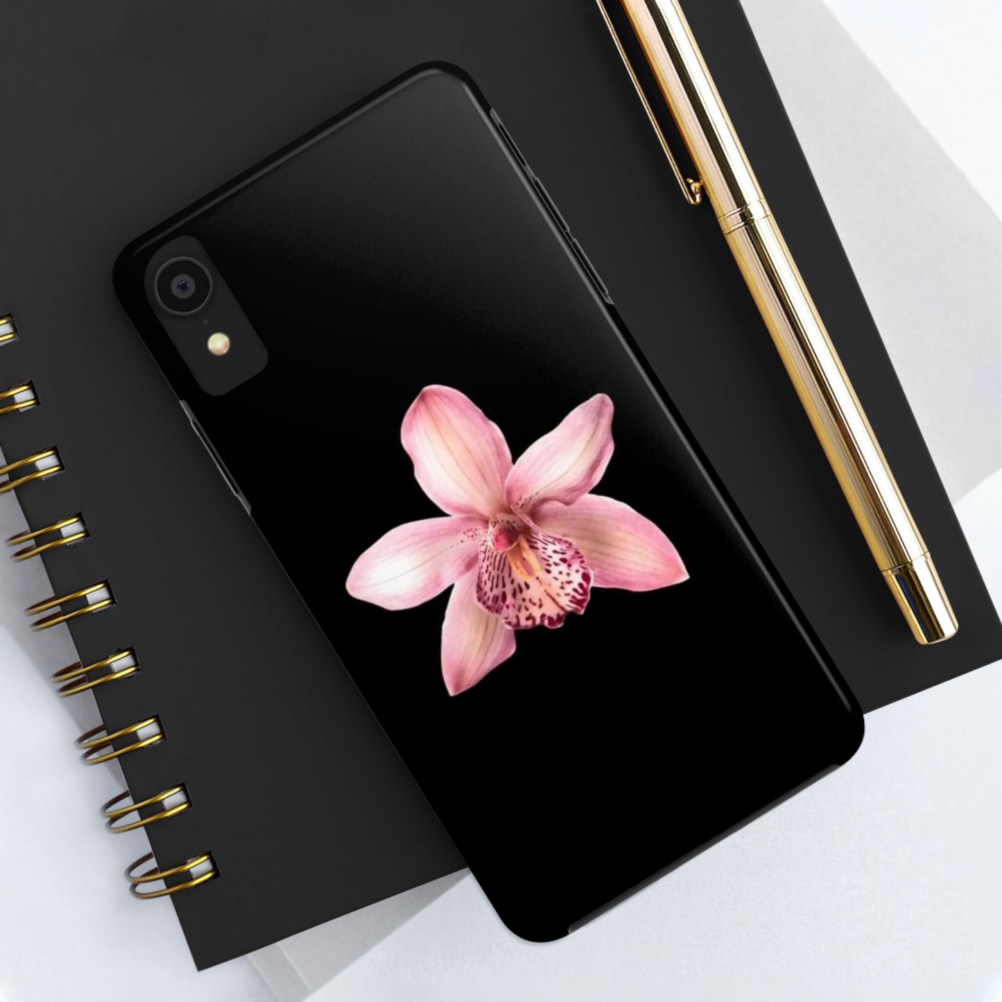 Realistic Orchid Flower with Black Background Glossy Phone Case