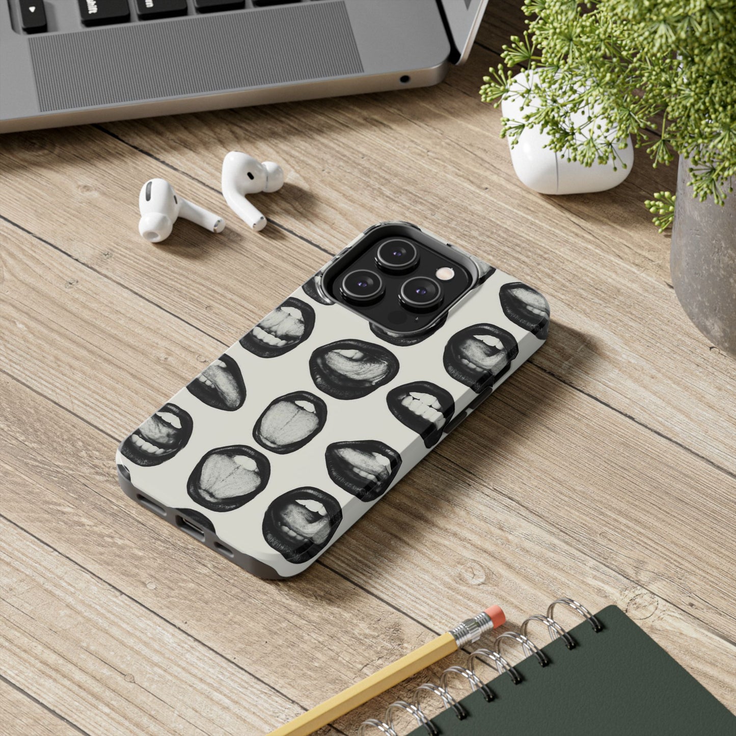 Grunge Phone Case, Black and White Abstract Mouth Trendy Cool Girl Aesthetic Glossy Phone Case