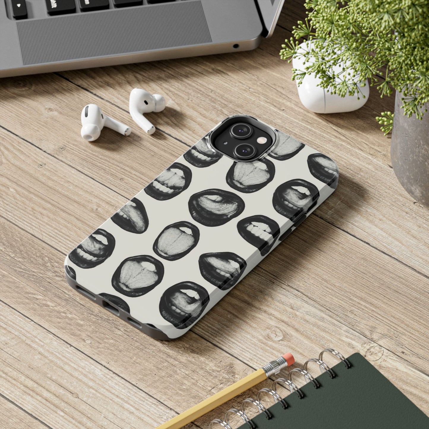Grunge Phone Case, Black and White Abstract Mouth Trendy Cool Girl Aesthetic Glossy Phone Case
