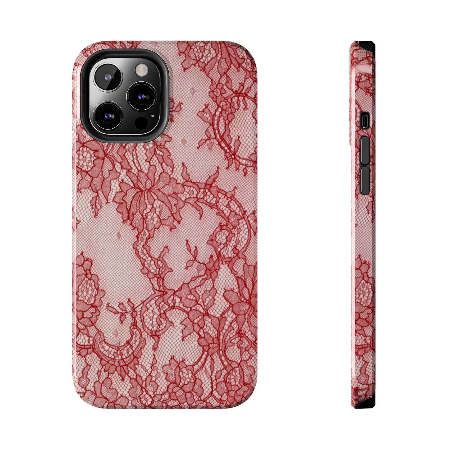 Red Lace Print Phone Case, Cool Girl Aesthetic, Glossy Phone Case, Faux Lace, Red Lace