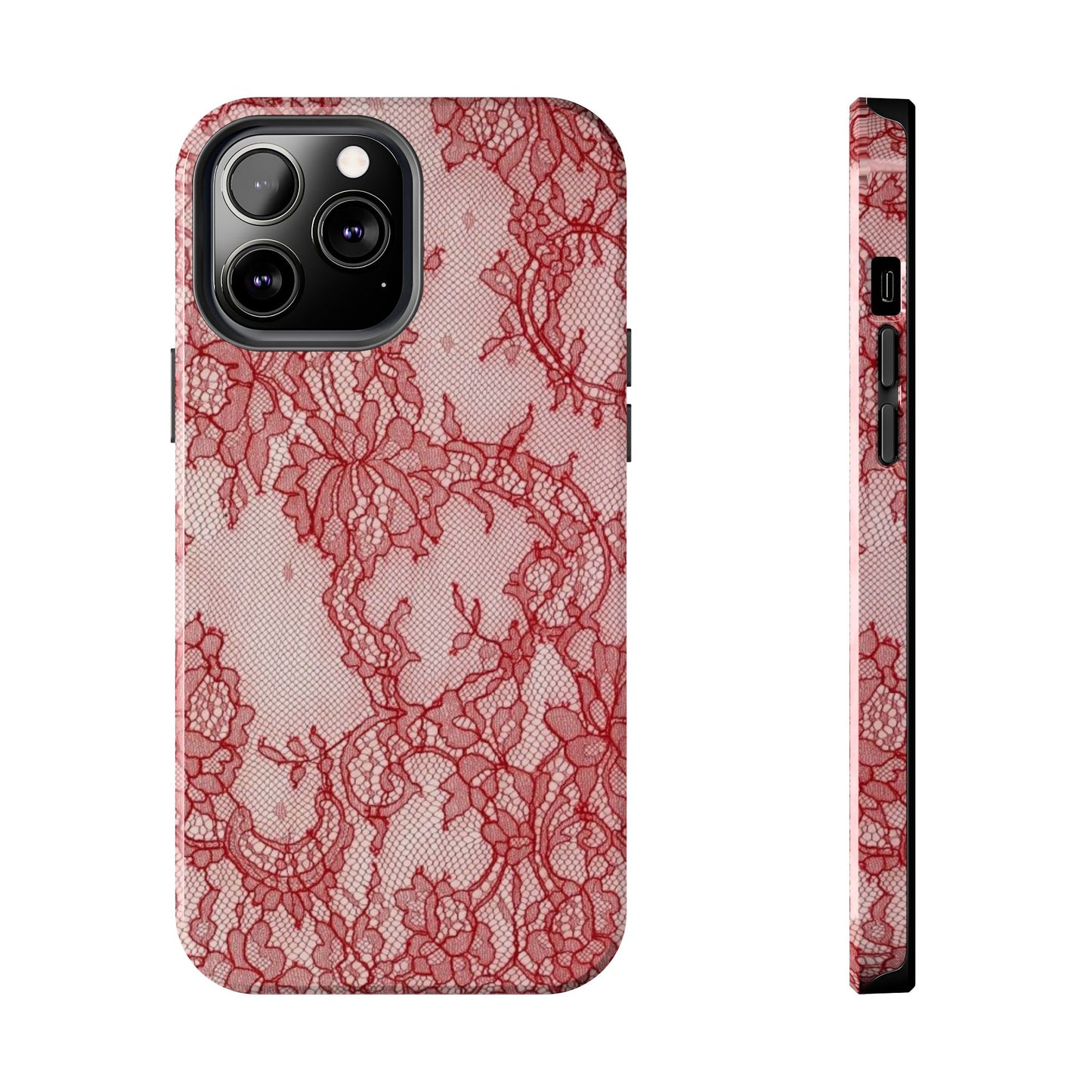 Red Lace Print Phone Case, Cool Girl Aesthetic, Glossy Phone Case, Faux Lace, Red Lace