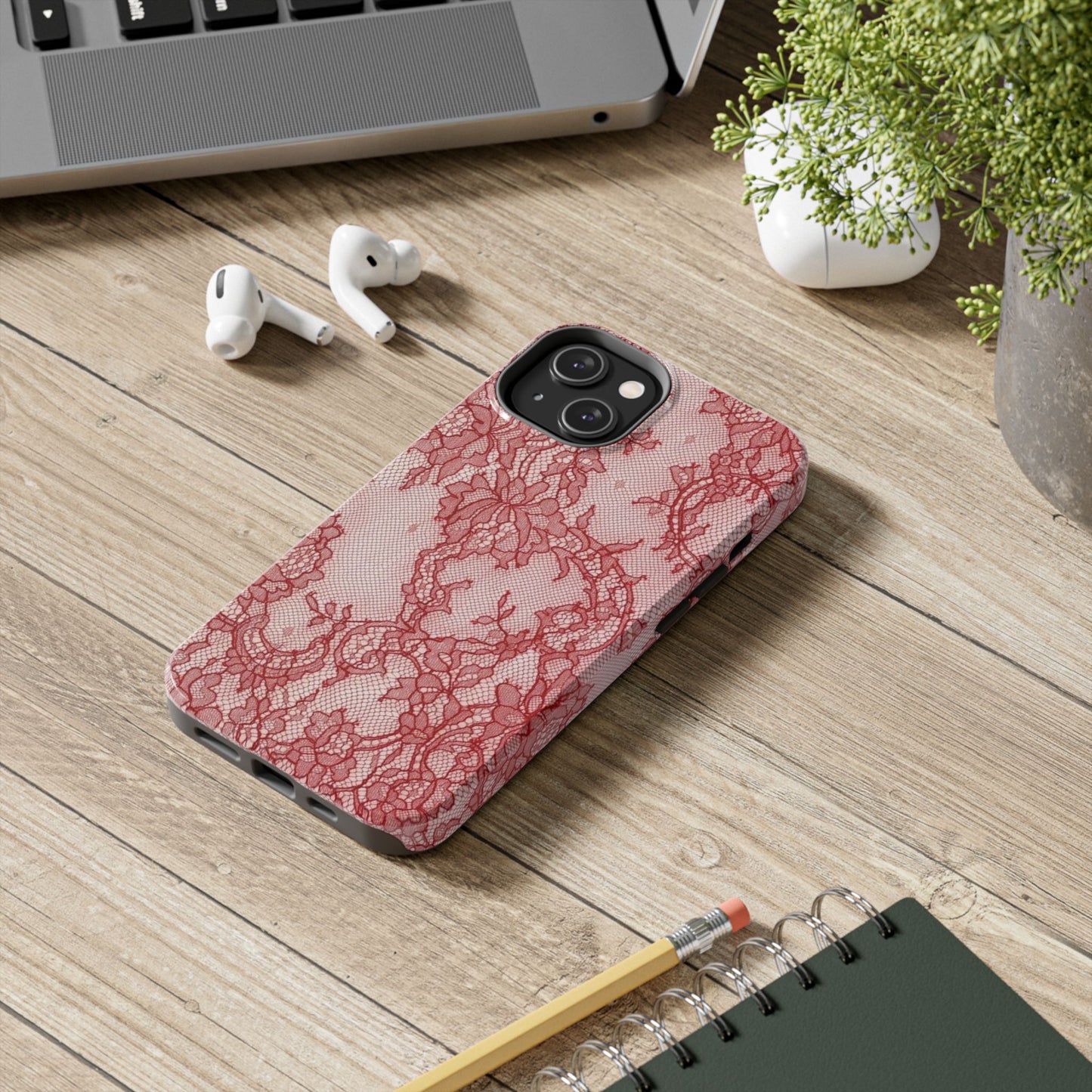Red Lace Print Phone Case, Cool Girl Aesthetic, Glossy Phone Case, Faux Lace, Red Lace