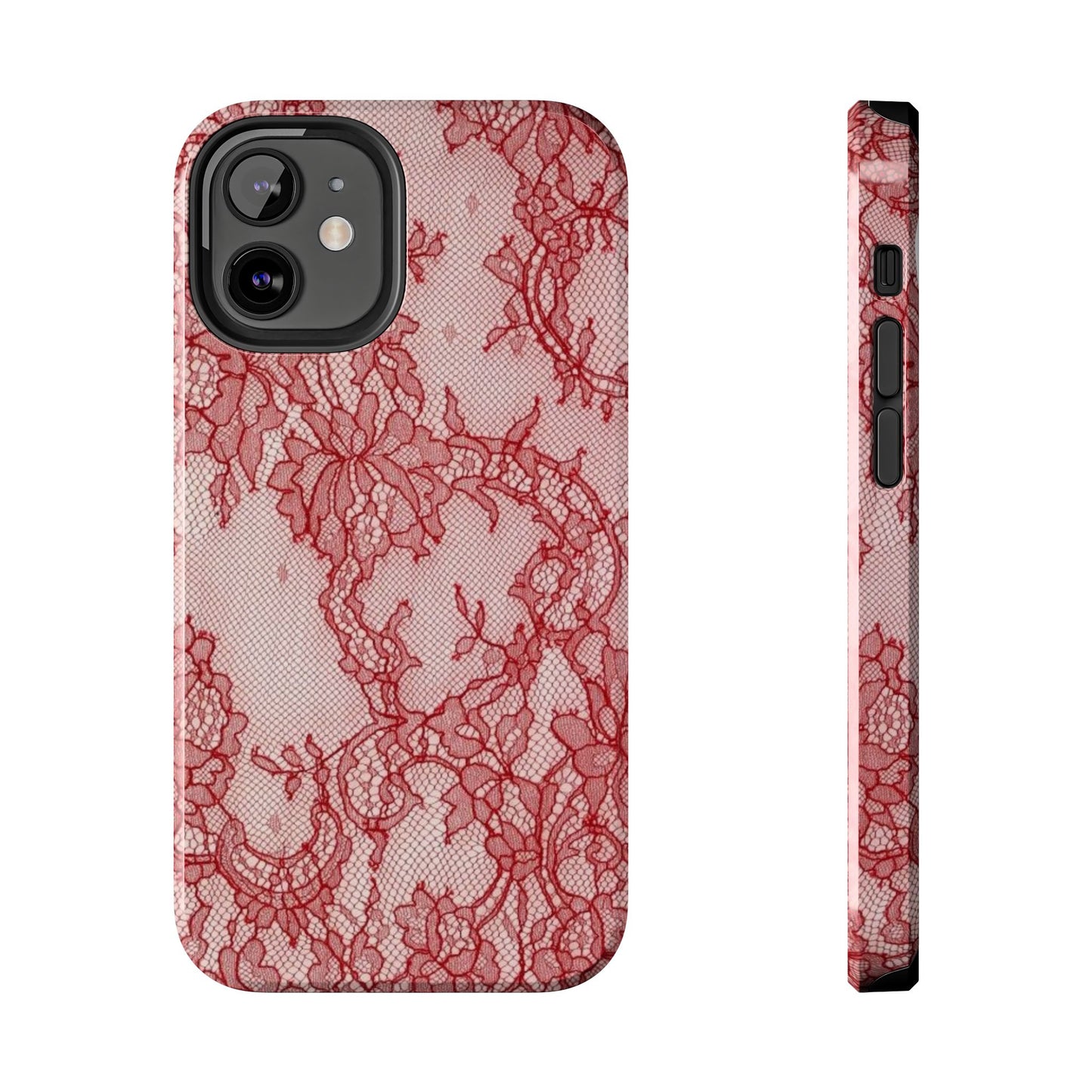 Red Lace Print Phone Case, Cool Girl Aesthetic, Glossy Phone Case, Faux Lace, Red Lace
