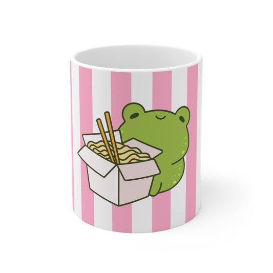 Kawaii Frog Mug with Pink Stripes