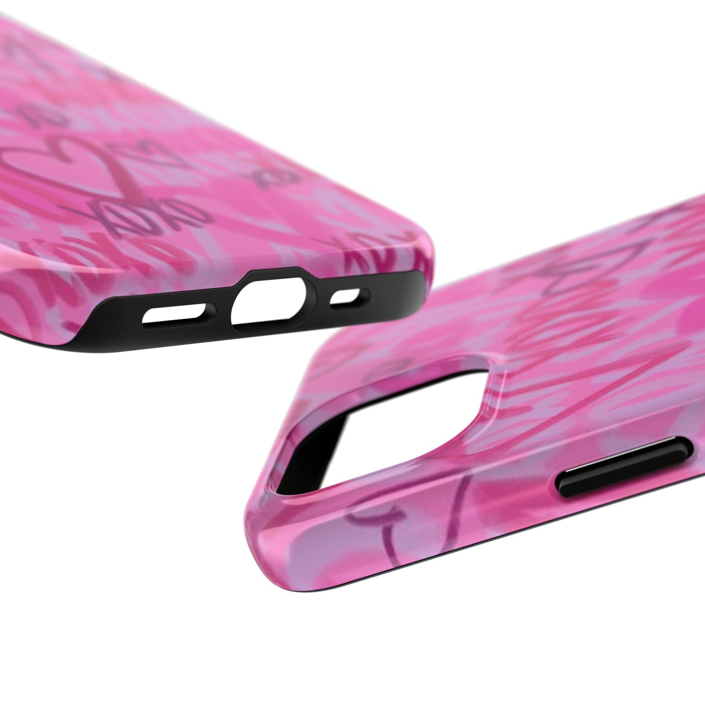 Glossy Phone Case, Graffiti, Spray Paint Hearts, Pink, Cute, Protective