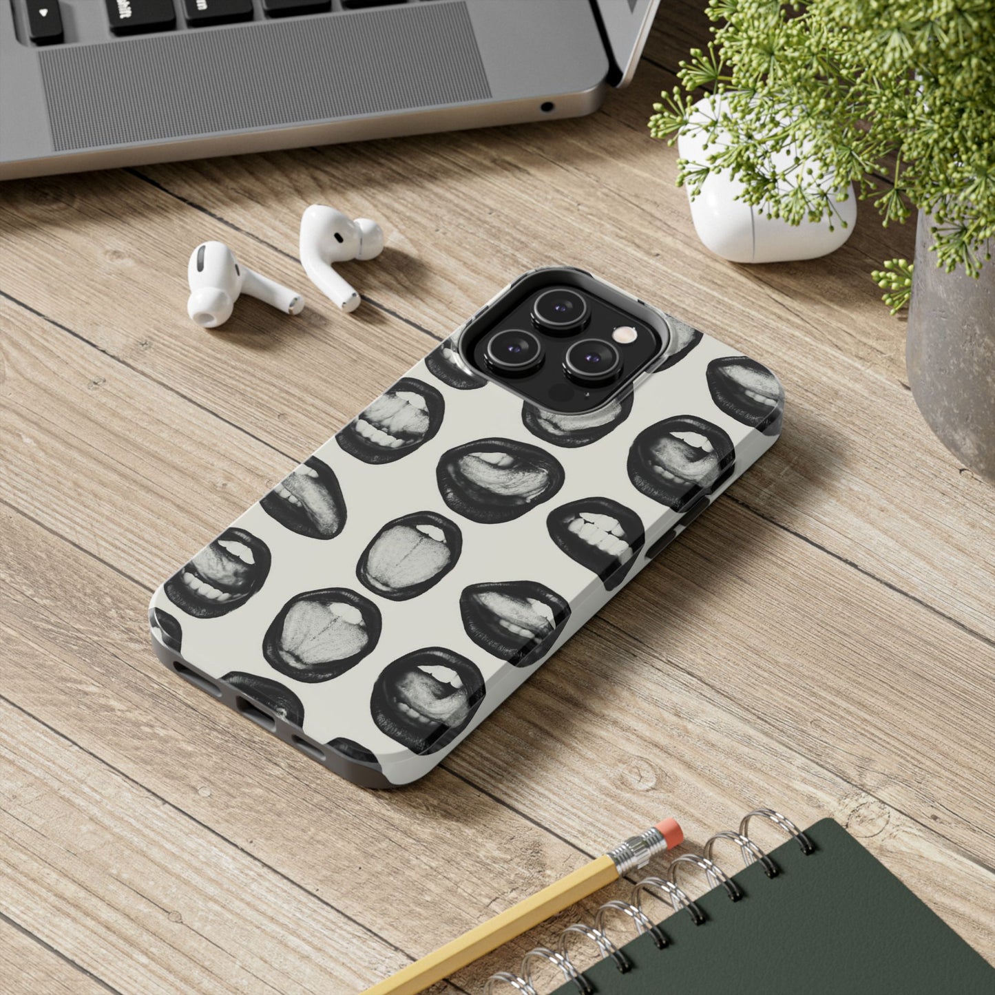 Grunge Phone Case, Black and White Abstract Mouth Trendy Cool Girl Aesthetic Glossy Phone Case