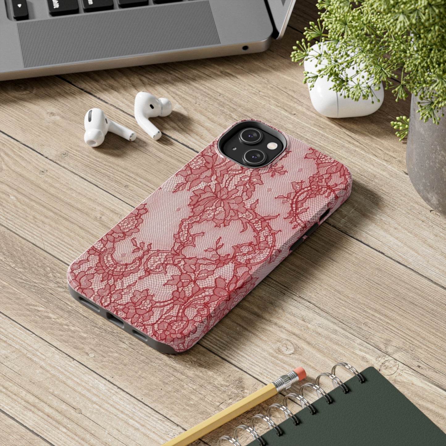 Red Lace Print Phone Case, Cool Girl Aesthetic, Glossy Phone Case, Faux Lace, Red Lace
